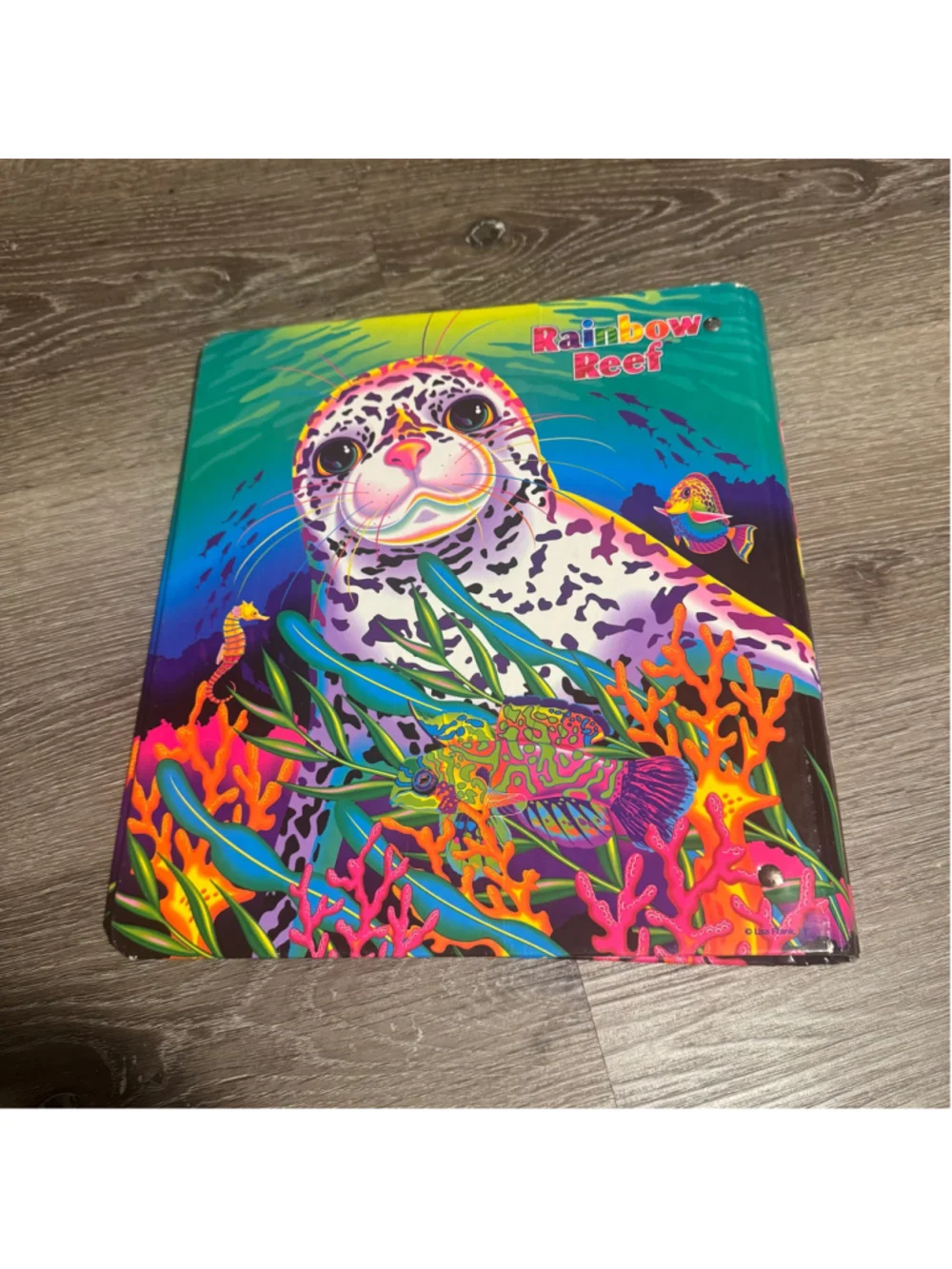 Lisa Frank Rainbow Reef Baby Seal Pup 1 1/2 Inch Metal 3 Ring Binder / Folder